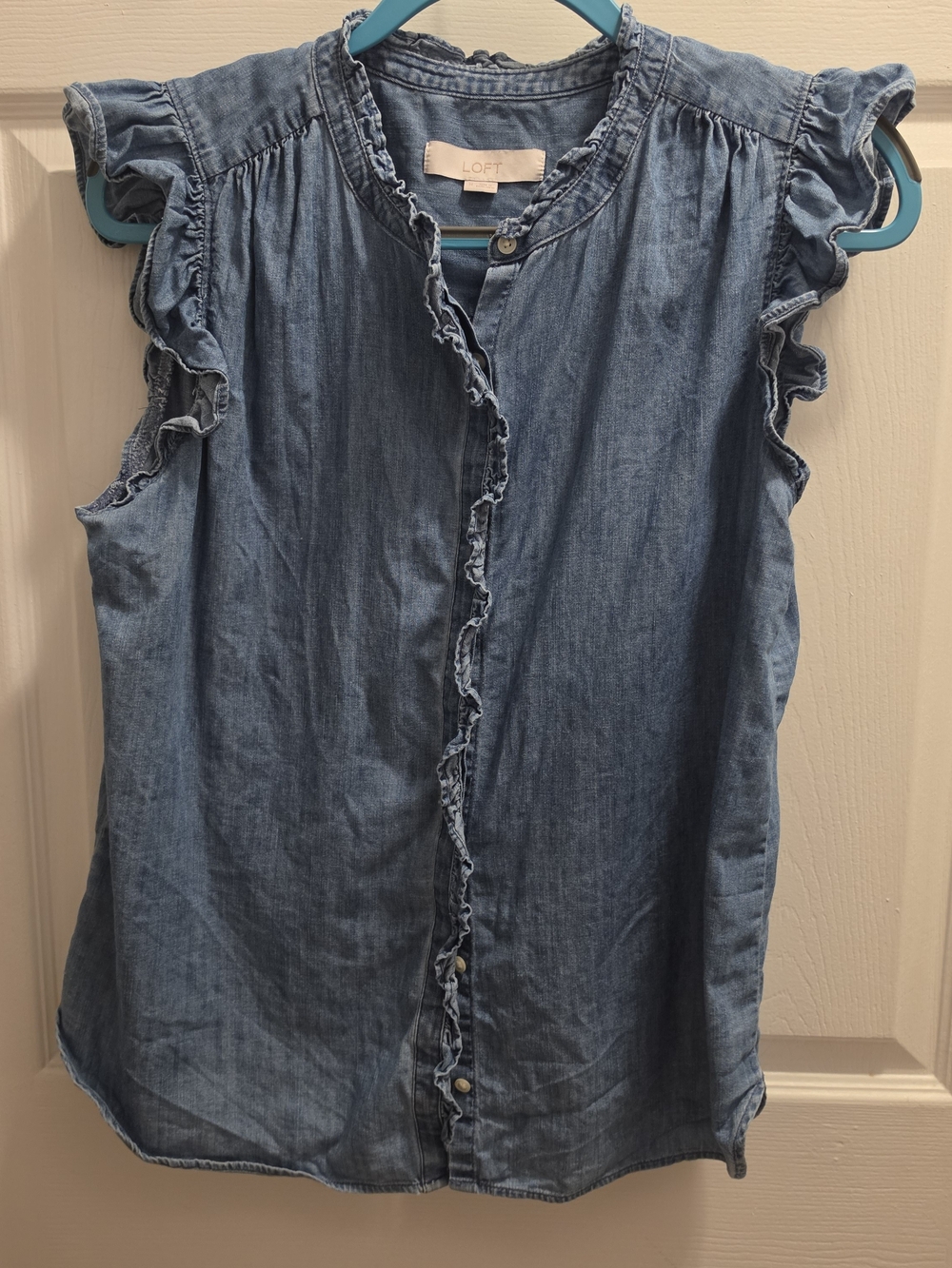 LOFT Blue Chambray Ruffle Sleeve Button-Front Blouse